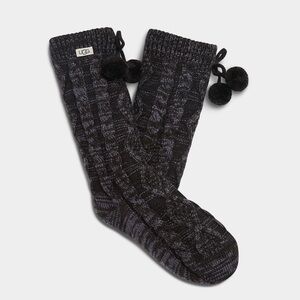 UGG Charcoal Pom Pom Fleece Lined Crew Socks • One Size • Cozy Winter Socks